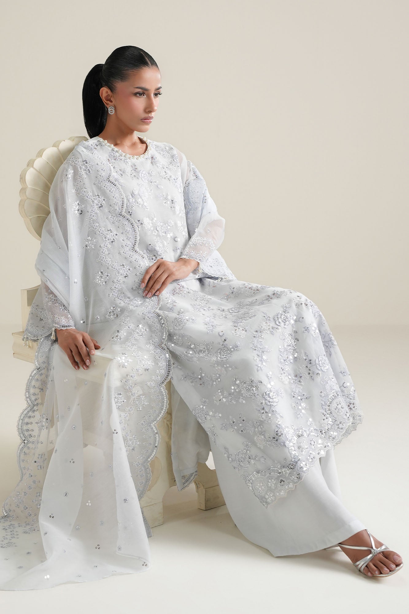Blue Frost-4Pc Net Embroidered Suit