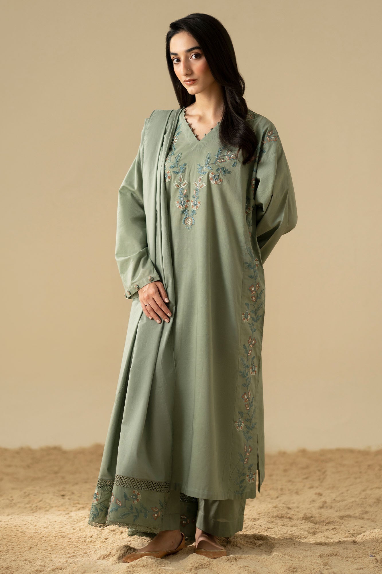OLIVE DUSK-3PC (SHIRT, TROUSER & DUPATTA)