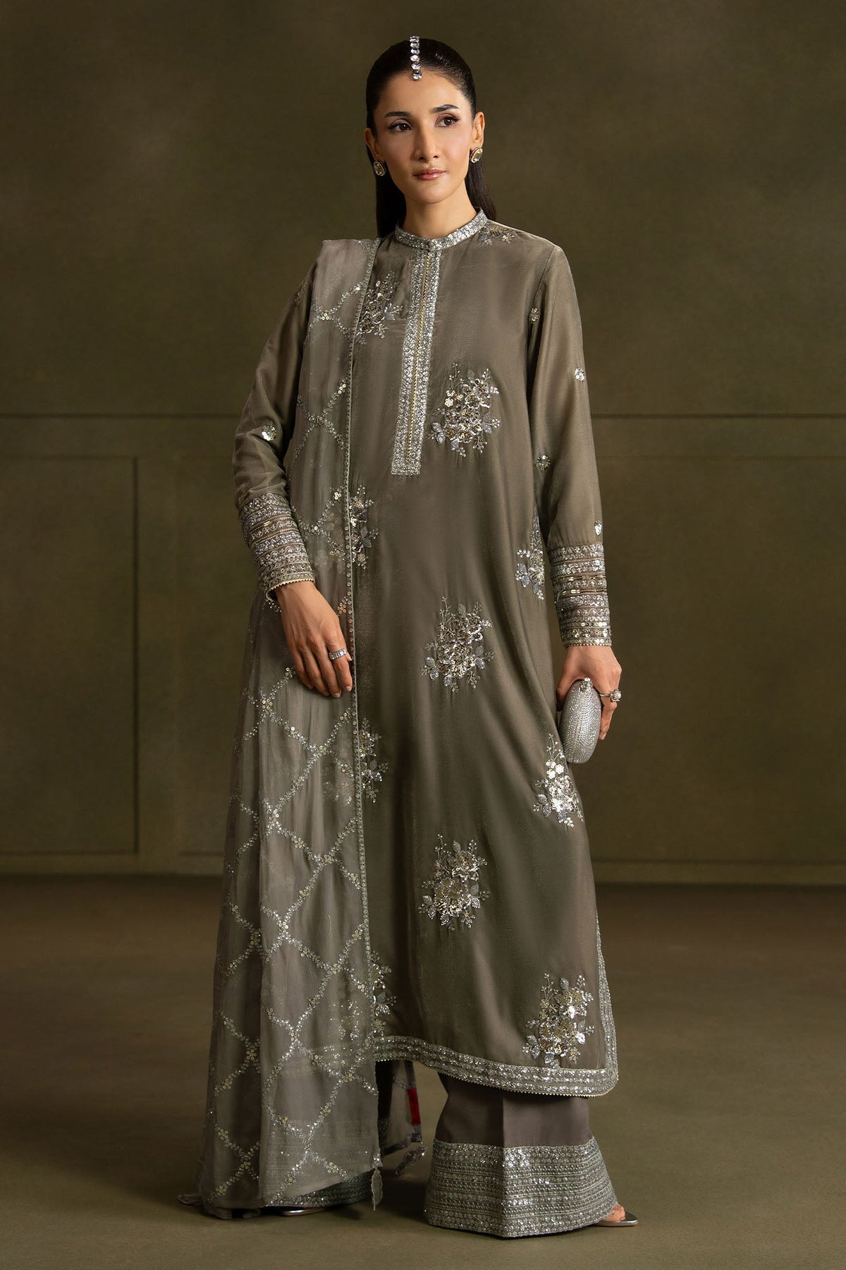 GRAY HUES-3PC VELVET EMBROIDERED SUIT