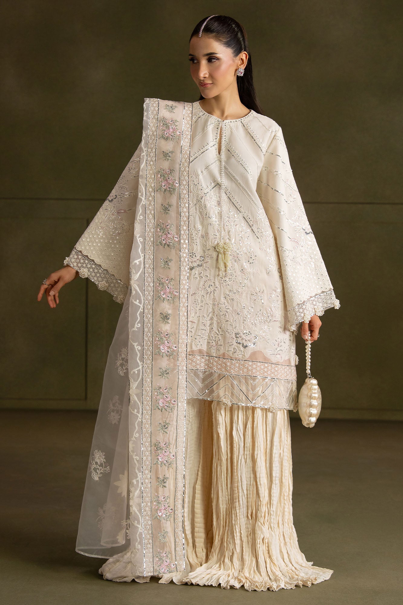 IVORY NOIR-4PC  FANCY YARN EMBROIDERED SUIT