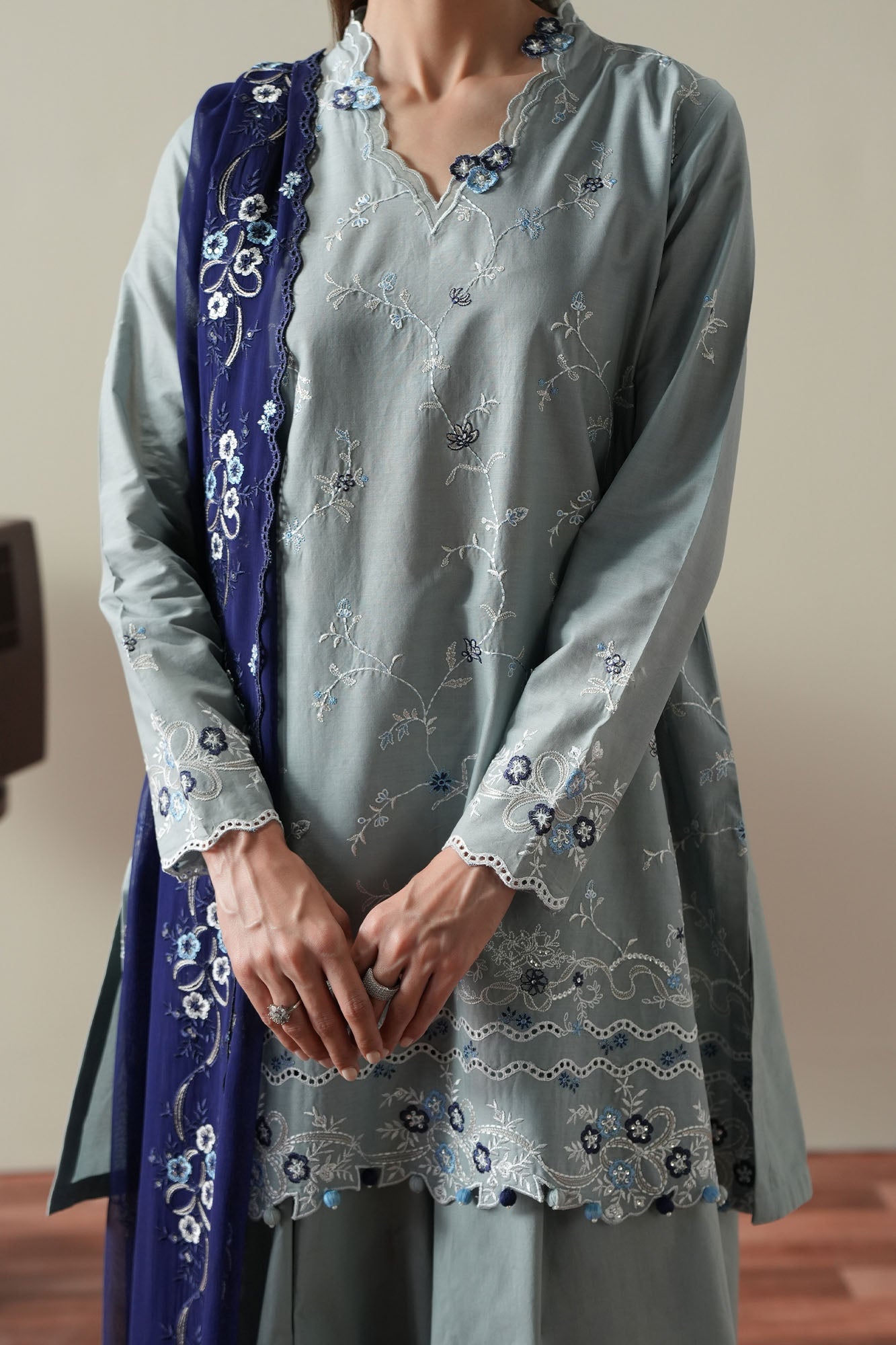 AQUA SMOKE-3PC EMBROIDERED SUIT