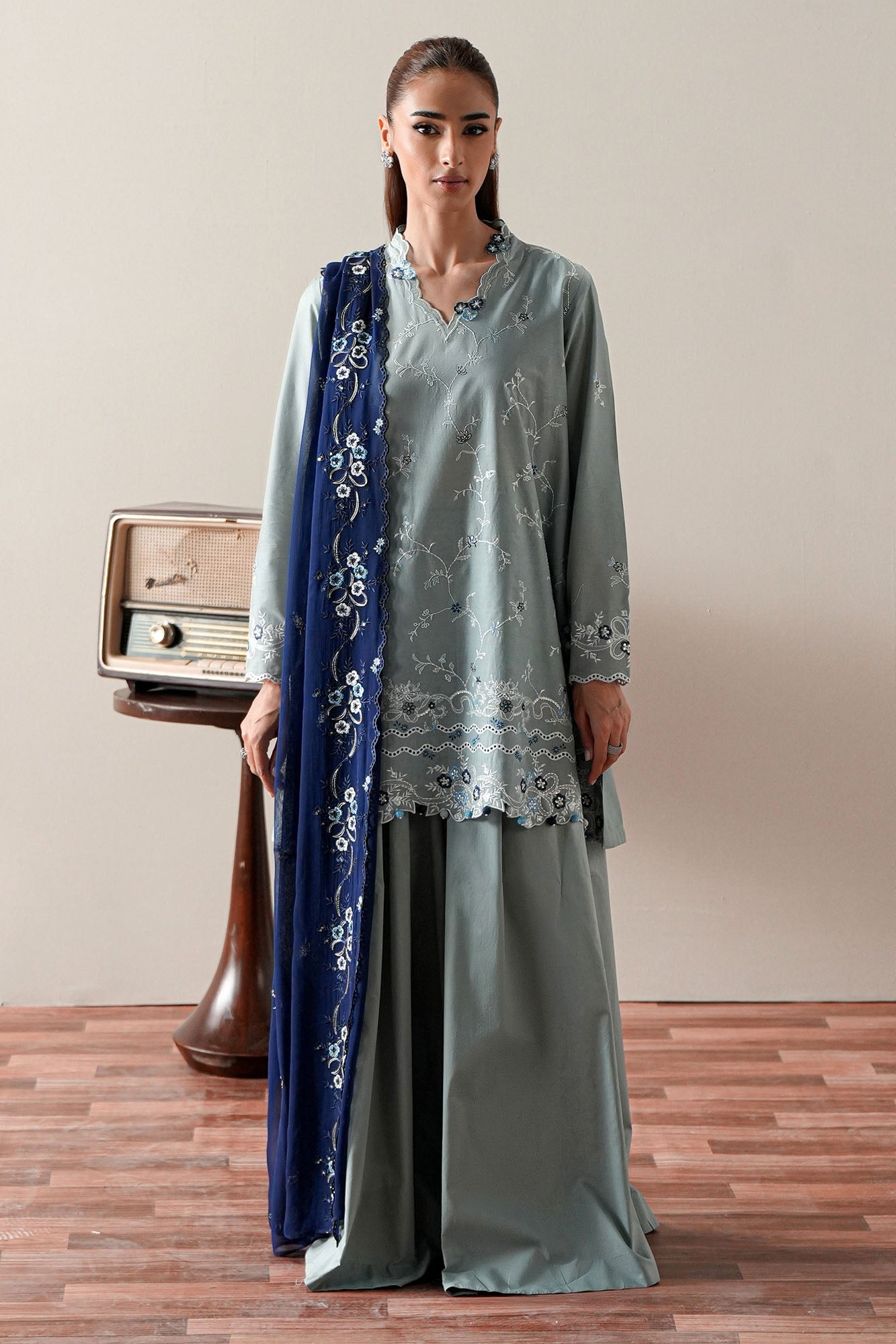 AQUA SMOKE-3PC EMBROIDERED SUIT