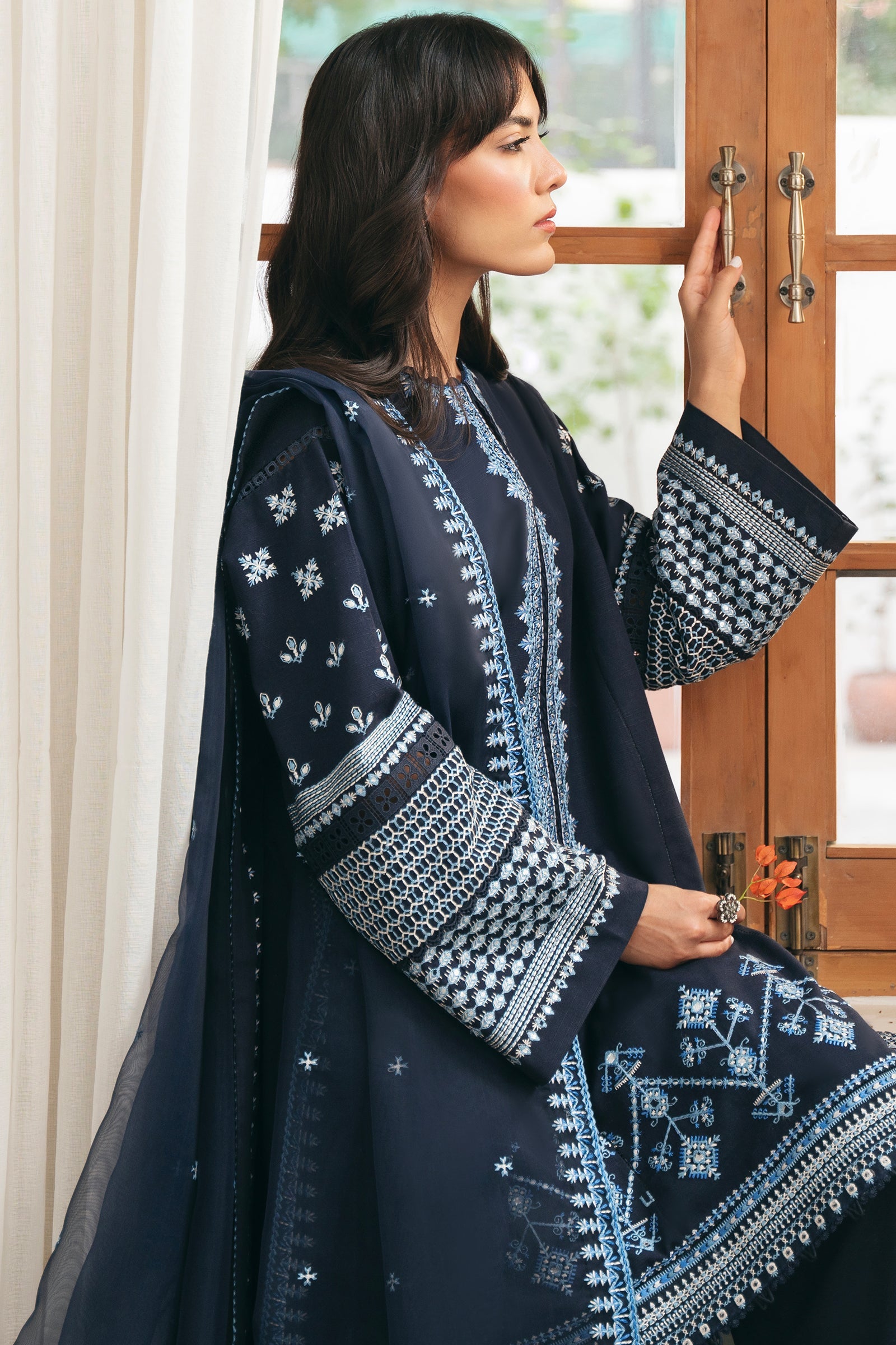 3 Piece Embroidered Twill Linen Suit