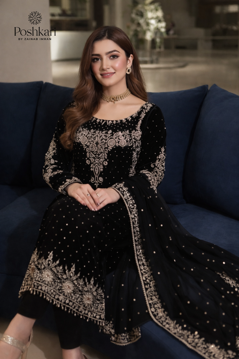 Poshkari Luxury Velvet Embroidered 3 Pc Unstitched Collection BLACK