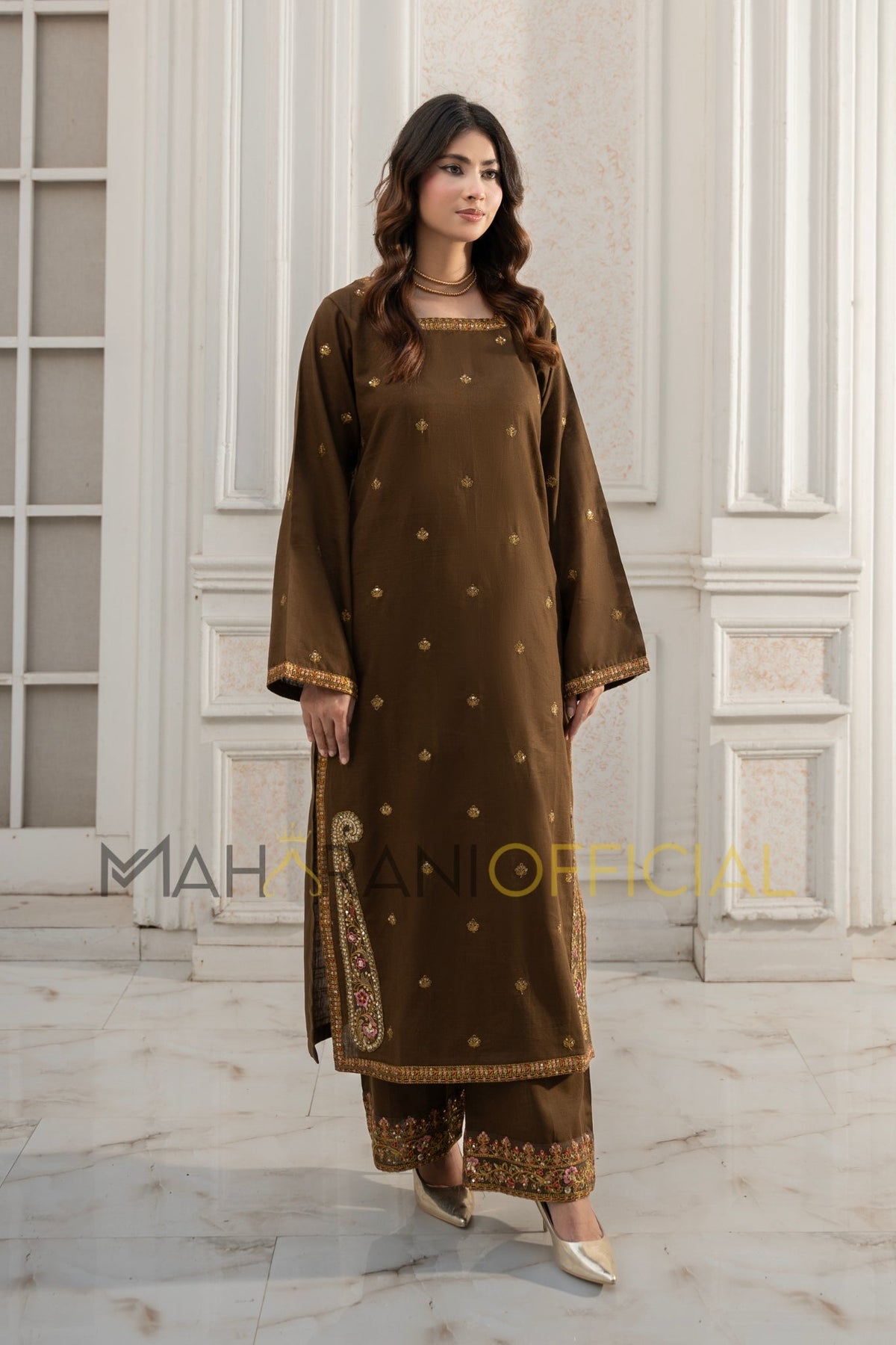 Tobacco Elegance  2 piece Khaddar Embroidered Stitched suit