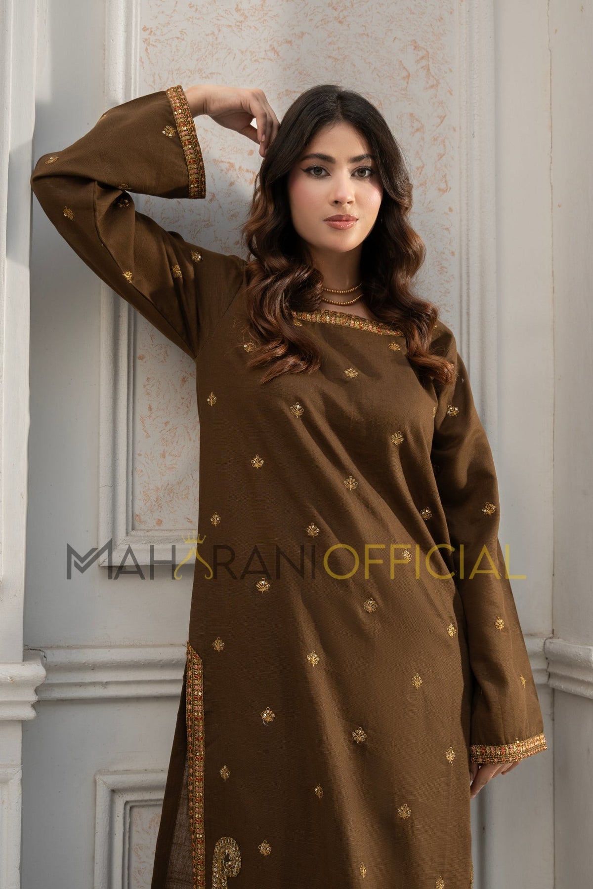 Tobacco Elegance  2 piece Khaddar Embroidered Stitched suit