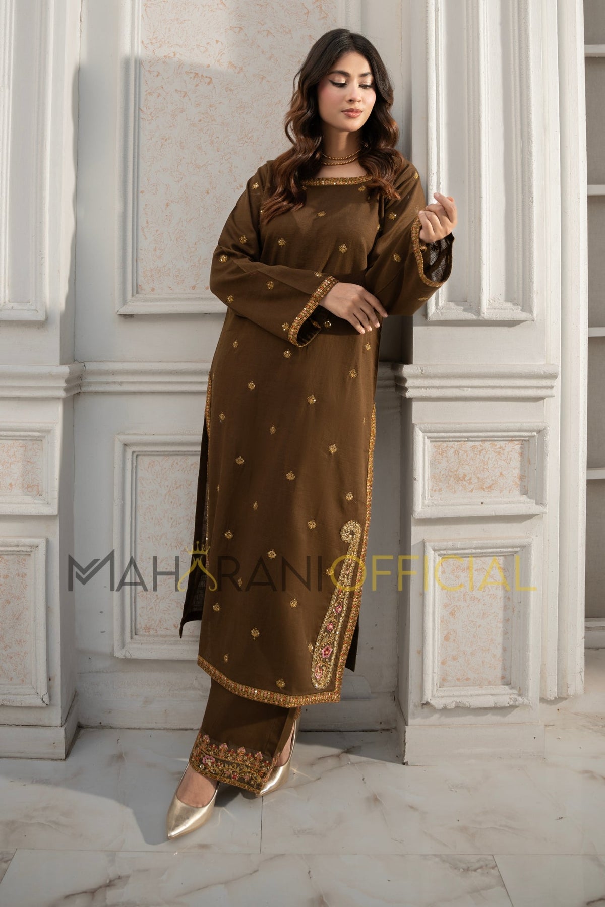 Tobacco Elegance  2 piece Khaddar Embroidered Stitched suit