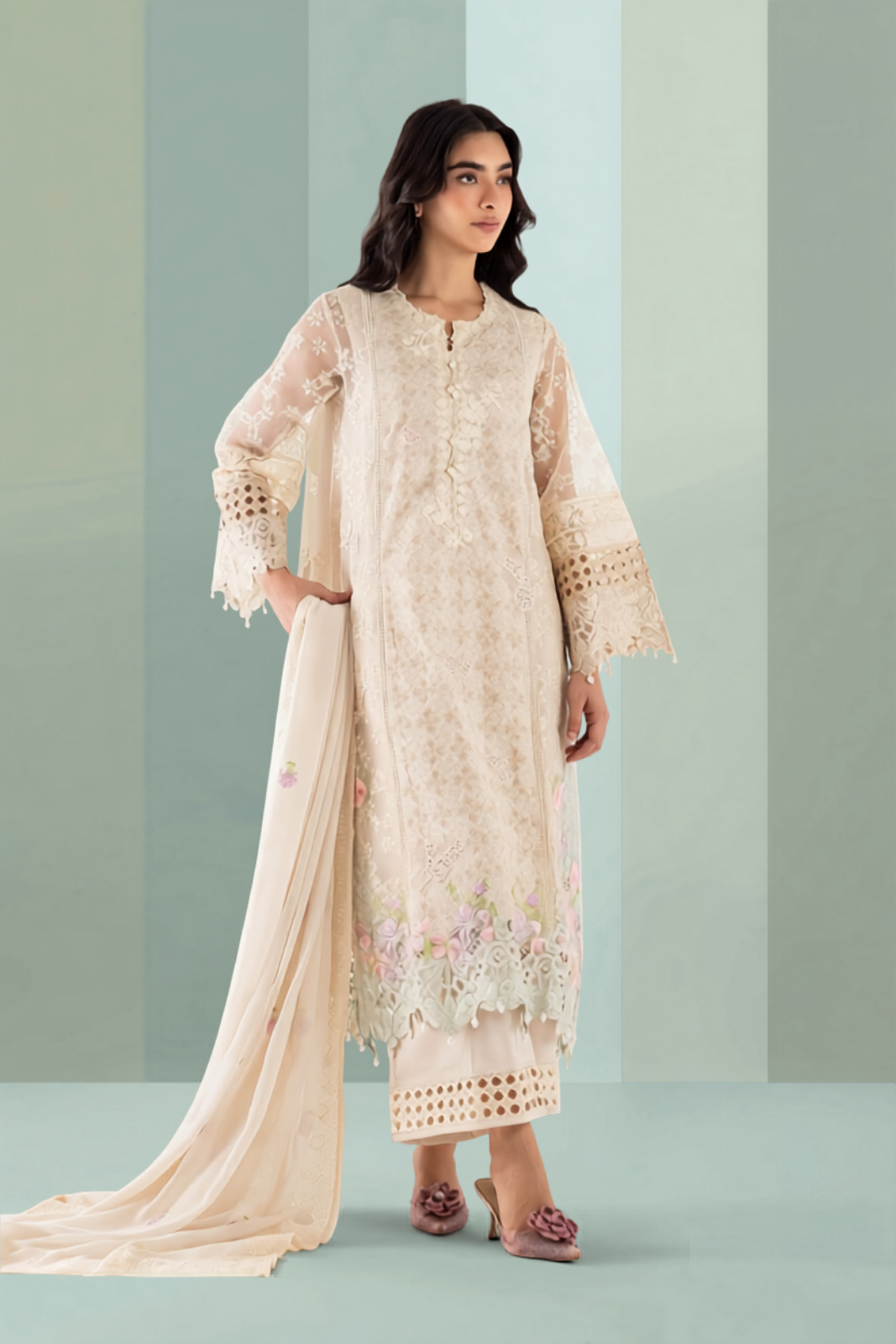 Stitched Organza Embroidered Suit