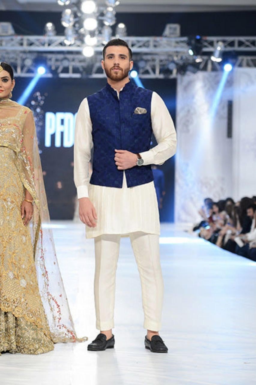Blue Raw Silk Waist Coat With Kurta And Trousers