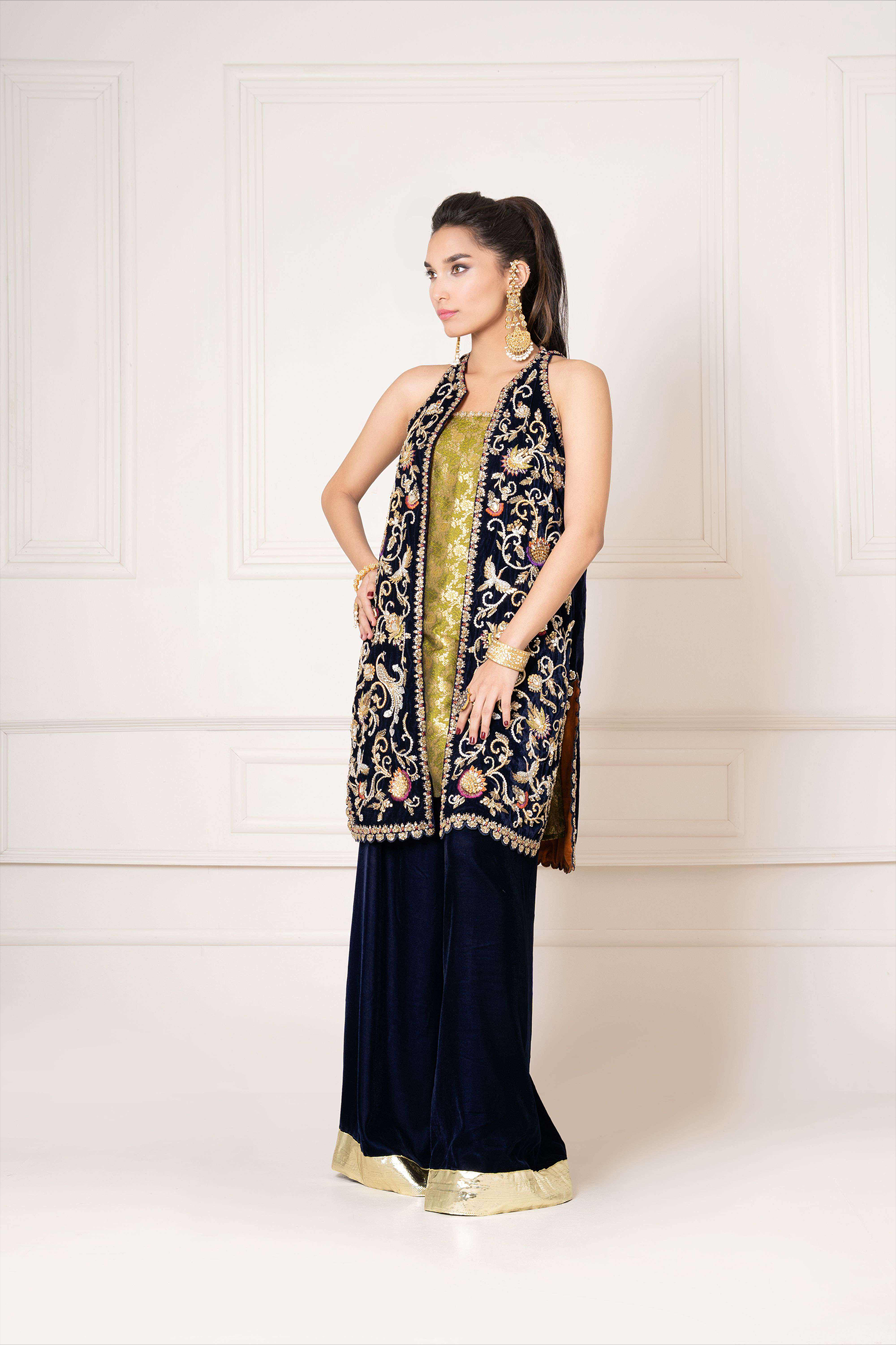 Velvet Sleeveless Embellished Coat with Flared Trouser