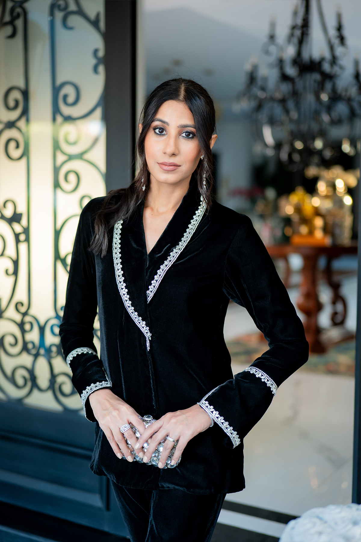 Velvet Embellished Coat with Straight Trousers