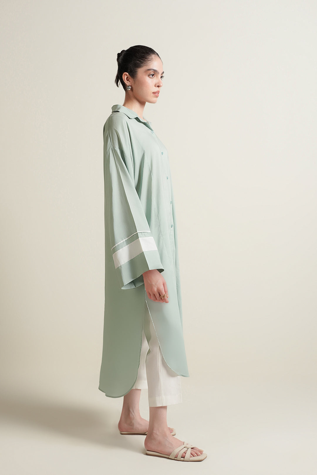 Green Color Block Button Down