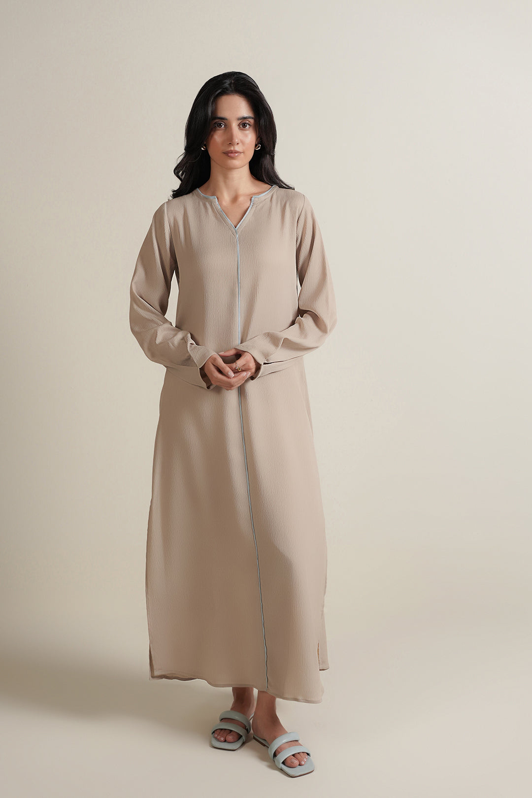 Beige Contrast Piping Dress