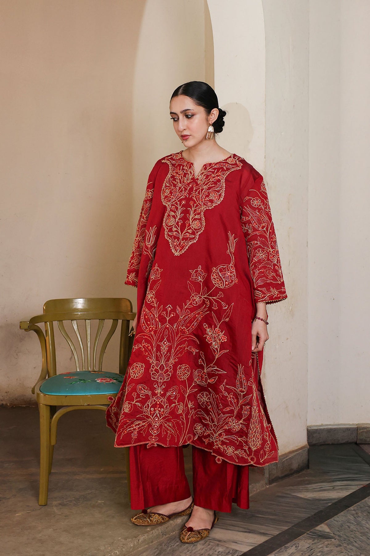 Embroidered Crimson Rose Set