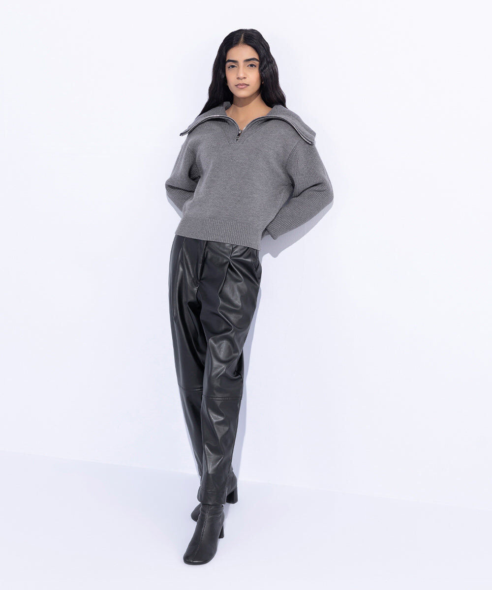 Woman - Black High Waisted Faux Leather Trousers