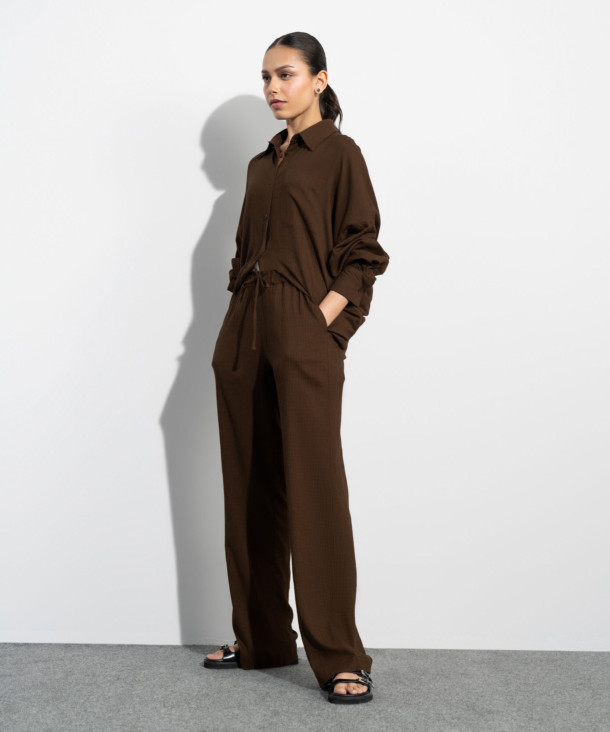Women's Western Brown Pull-On Textured Trousers