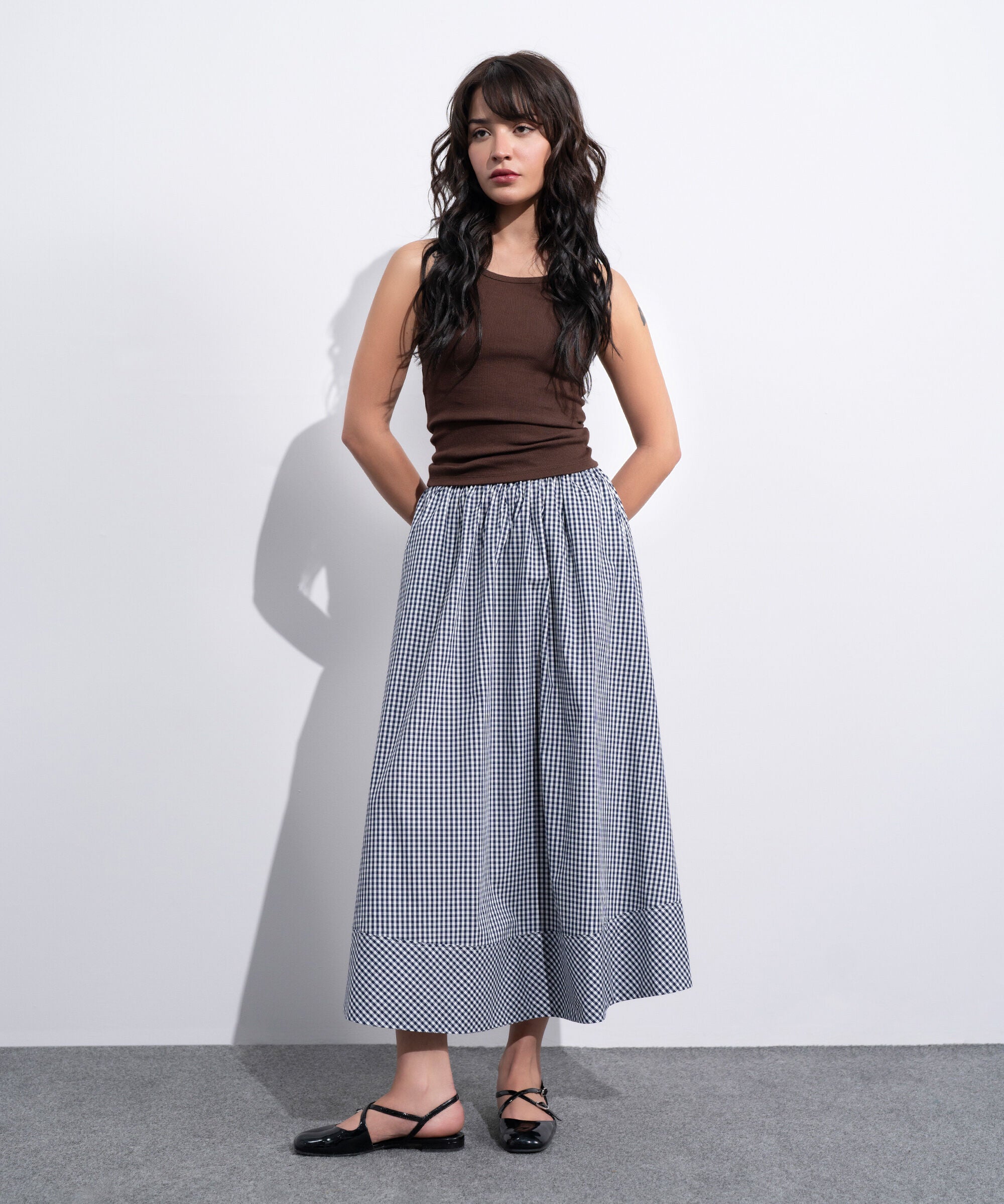 Women's Western White And Navy Flared Gingham Skirt