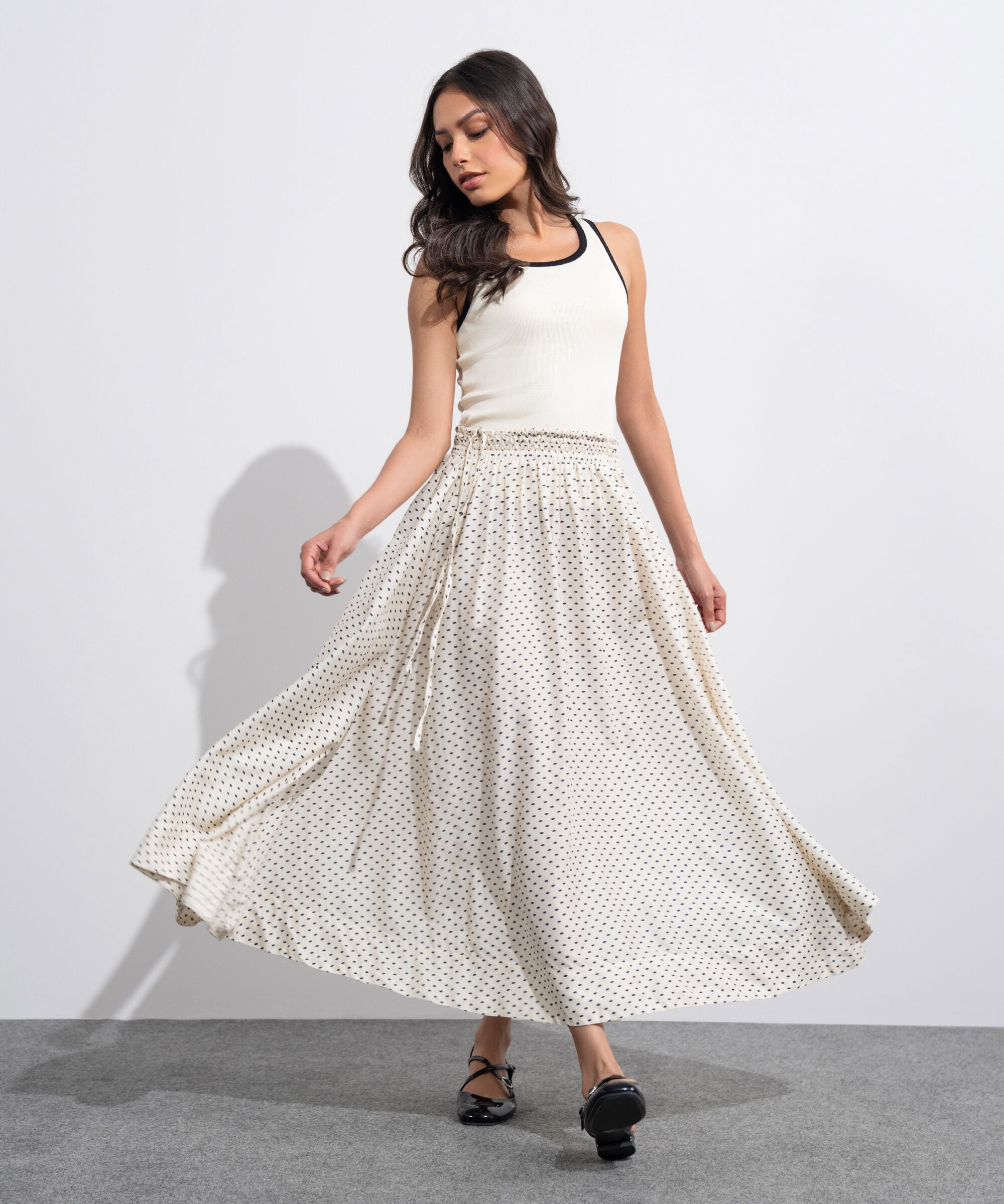 Women's Western White And  Black Polka Dots Smocked Skirt