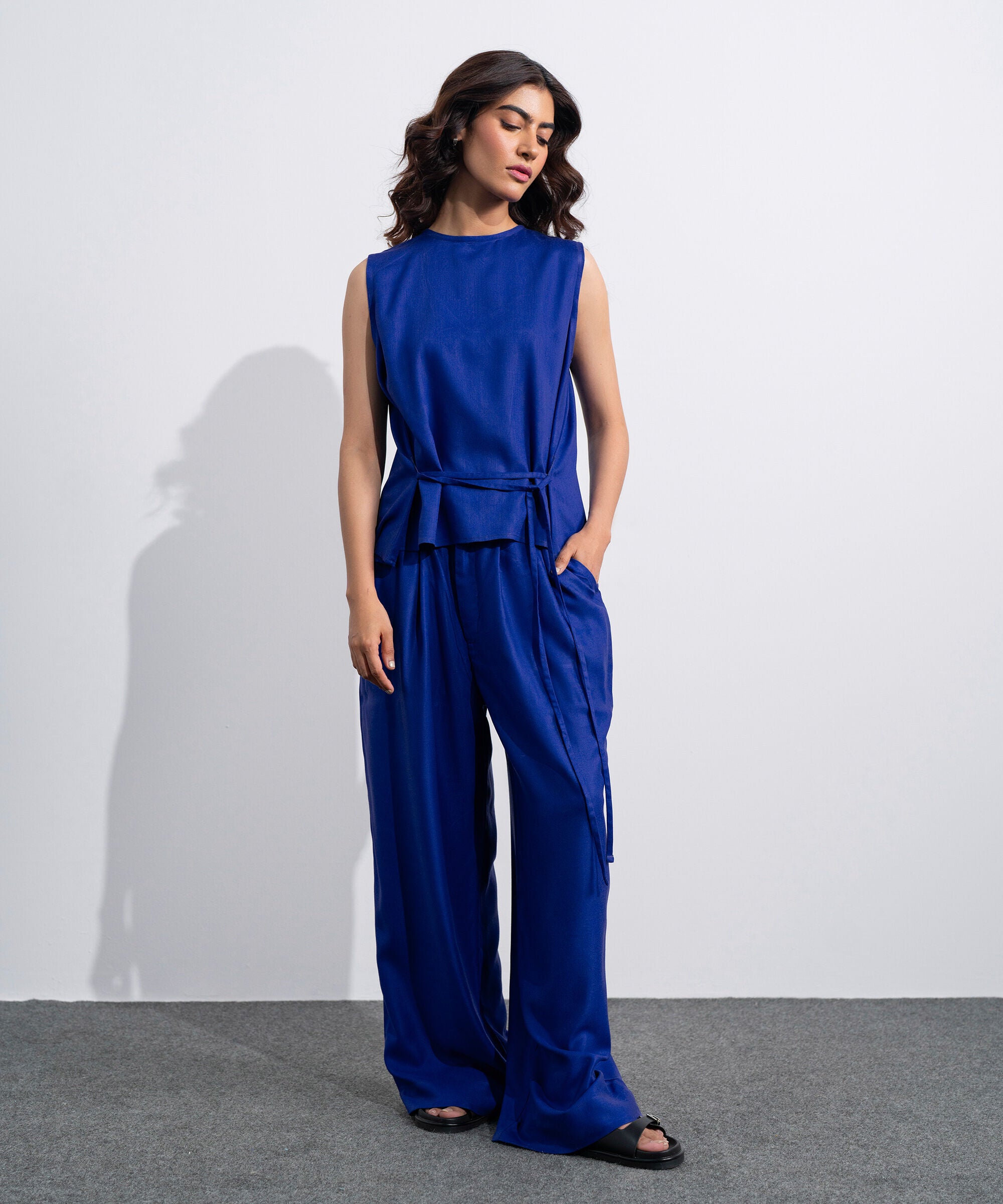 Women's Western Blue Linen Blend Stright-Fit Trousers