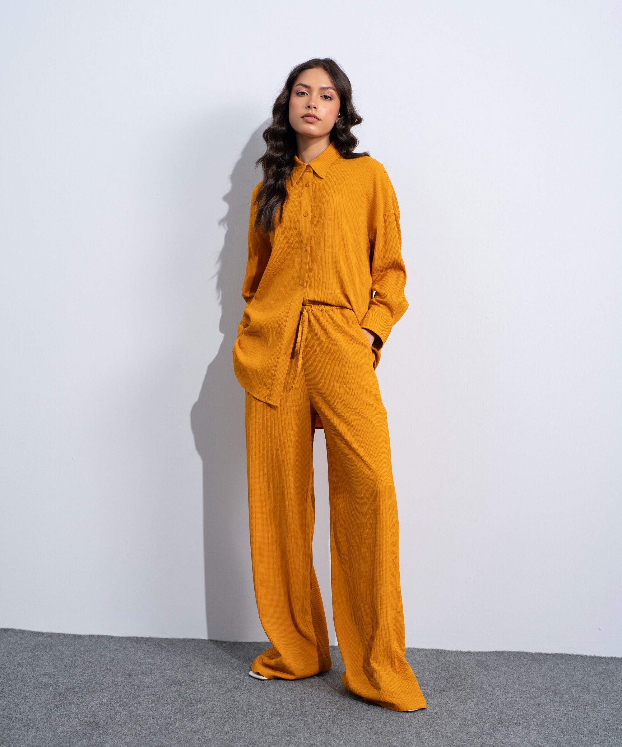 Women's Western Orange Wide-Leg Seersucker Trousers
