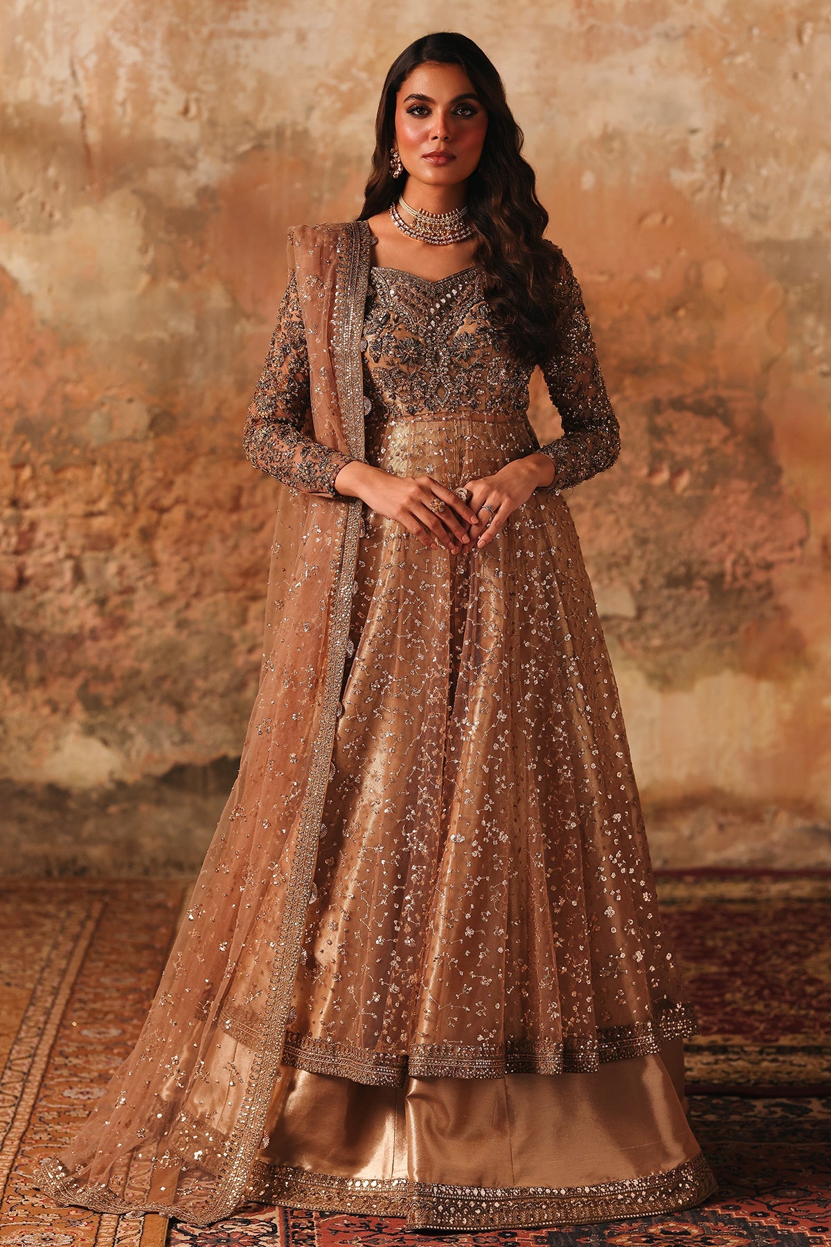 3-PC Embroidered  Net STM-5-015 - Peach