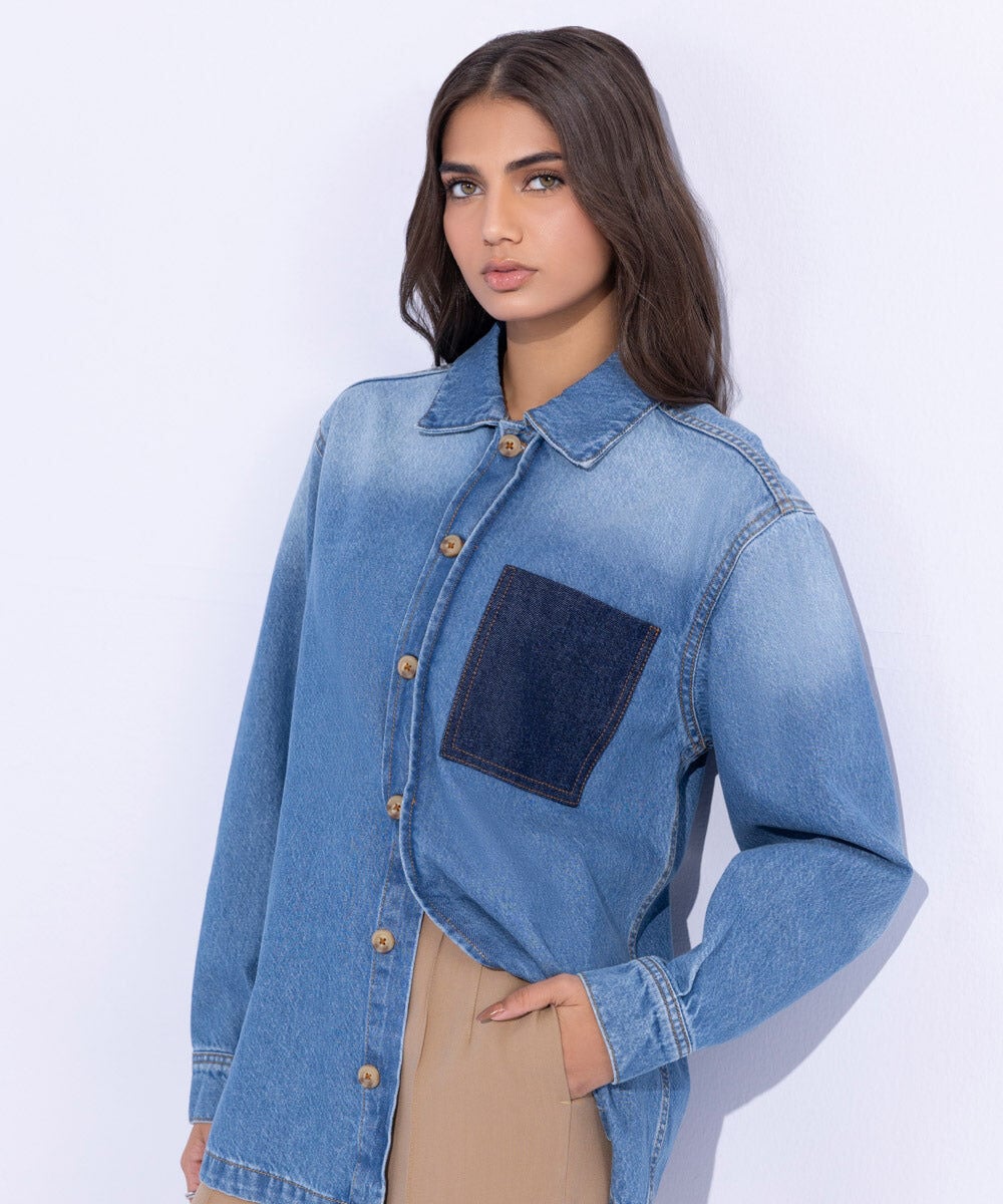 Denim Overshirt with Contrasting Pocket