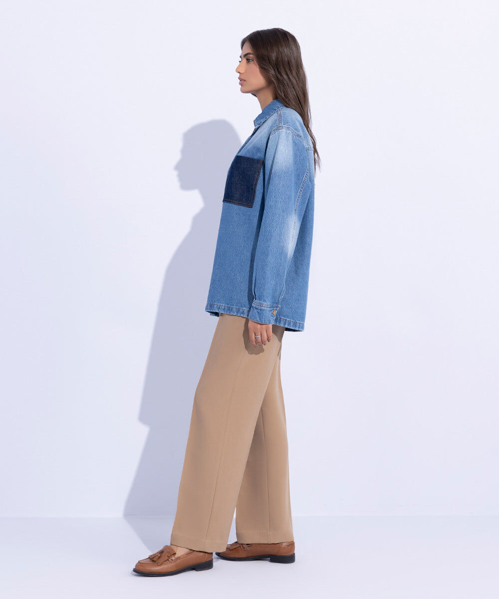 Denim Overshirt with Contrasting Pocket