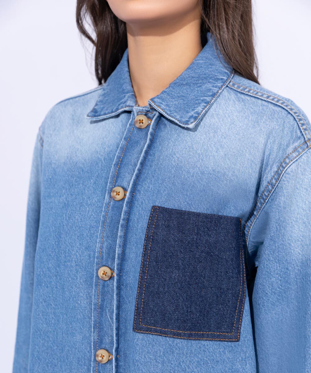 Denim Overshirt with Contrasting Pocket