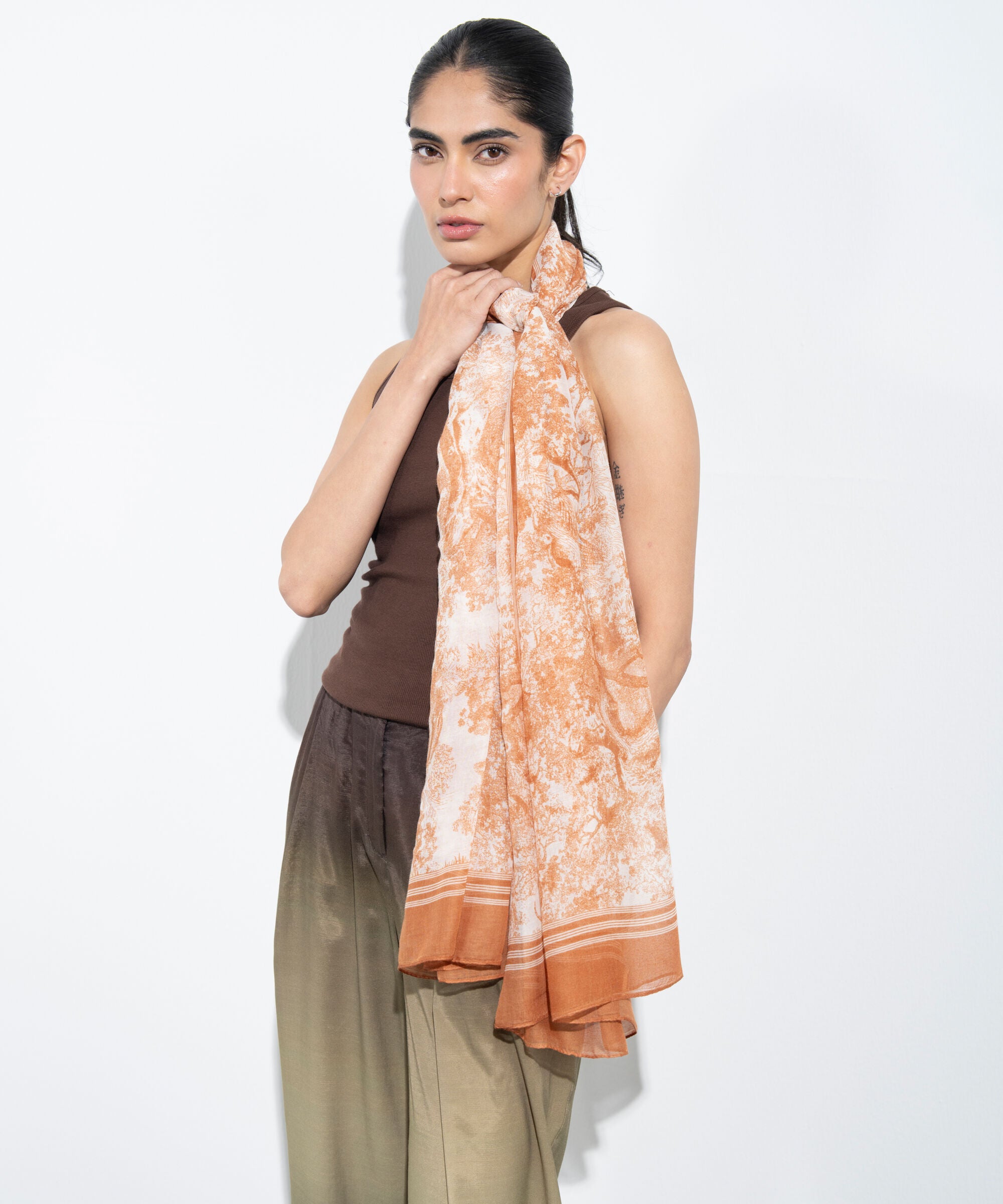 Women's Western Brown Printed Rectangular Scarf