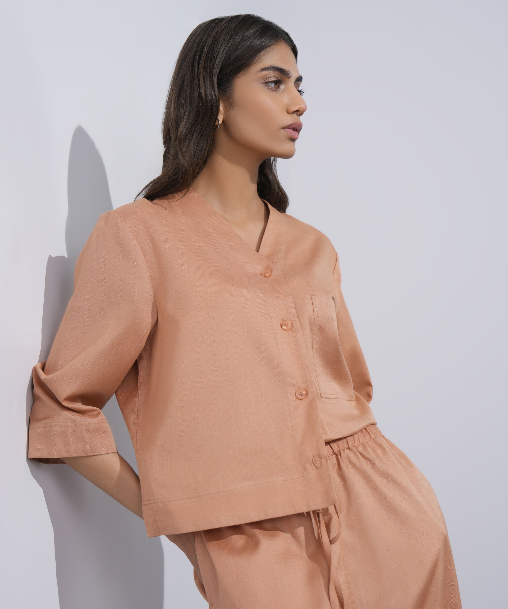 Women's Western Wear Peach V-Neck Linen Blend Shirt