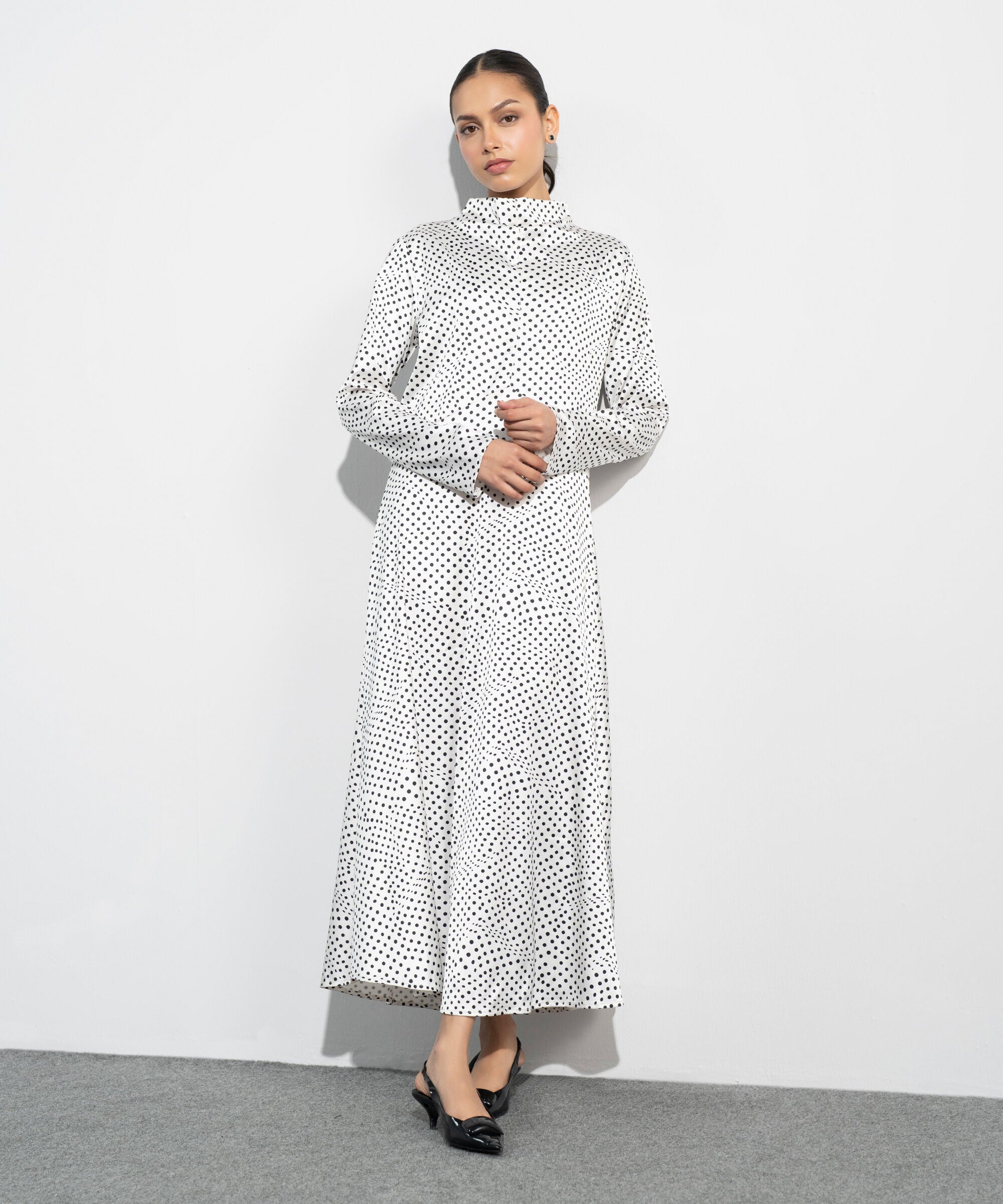 Women's Western White And Black Polka Dot Satin Dress