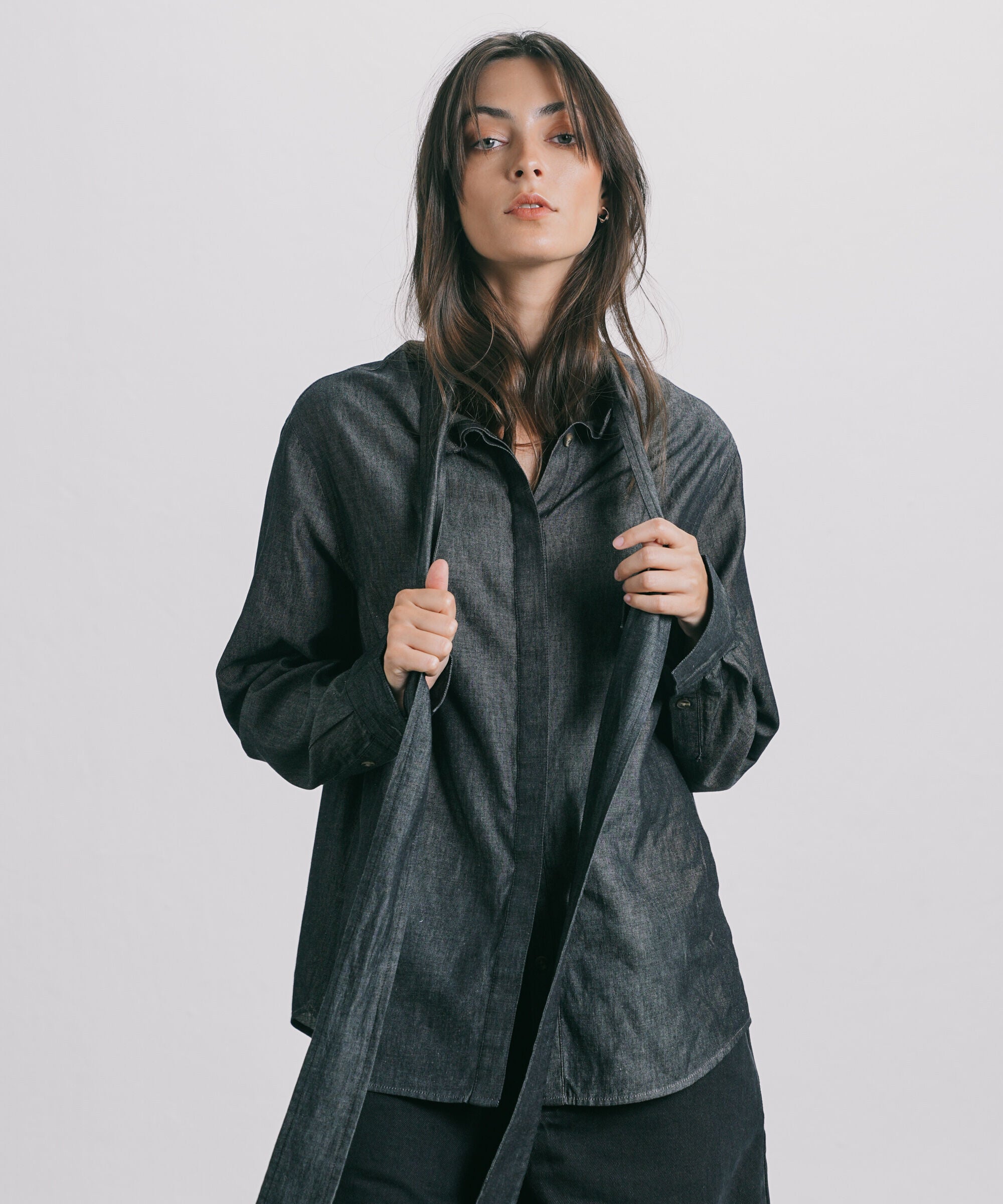 Women's Western Wear Black Denim Shirt With Self-Tie Fastening