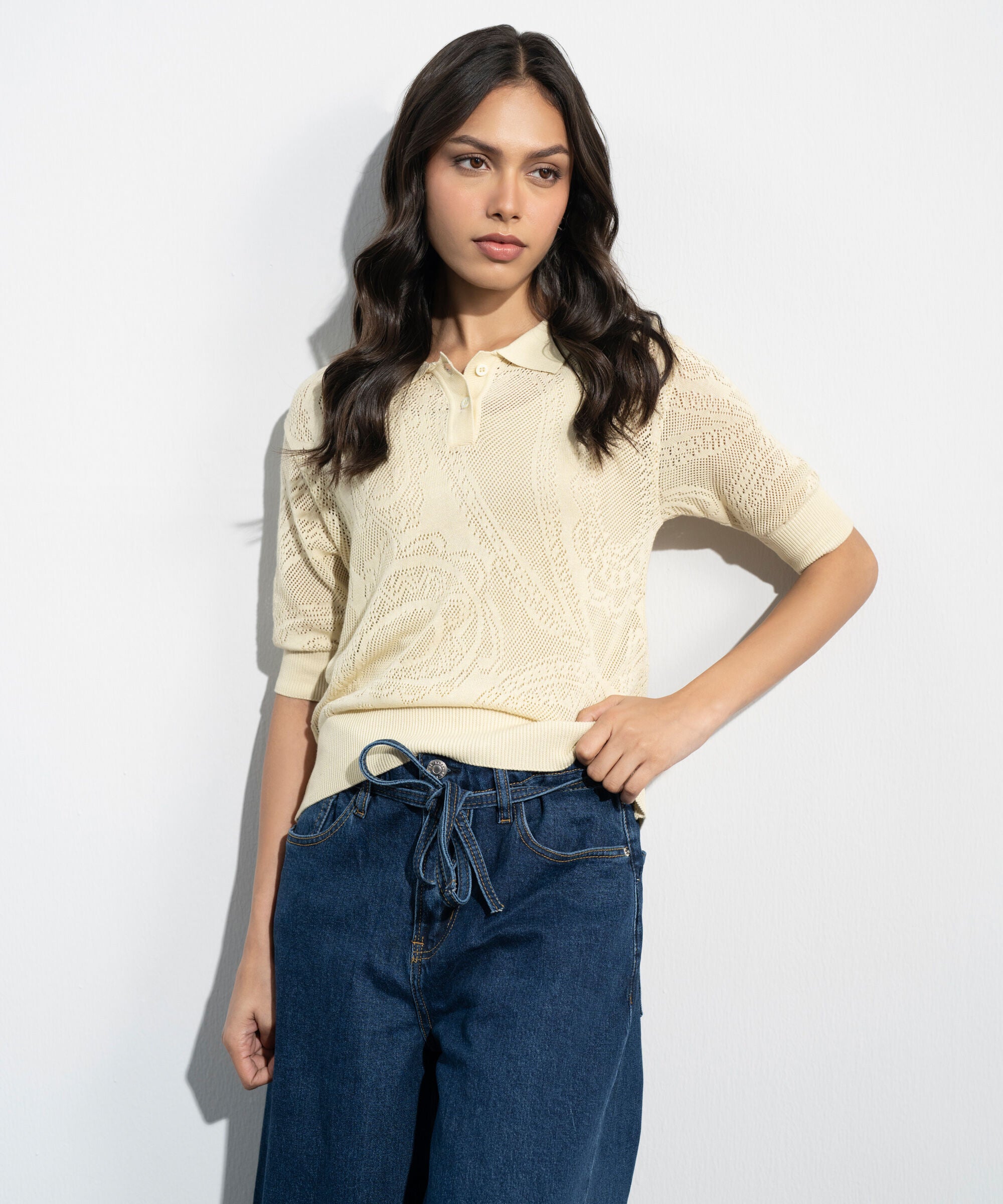 Women's Western Yellow Pointelle Summer Knit Polo Top