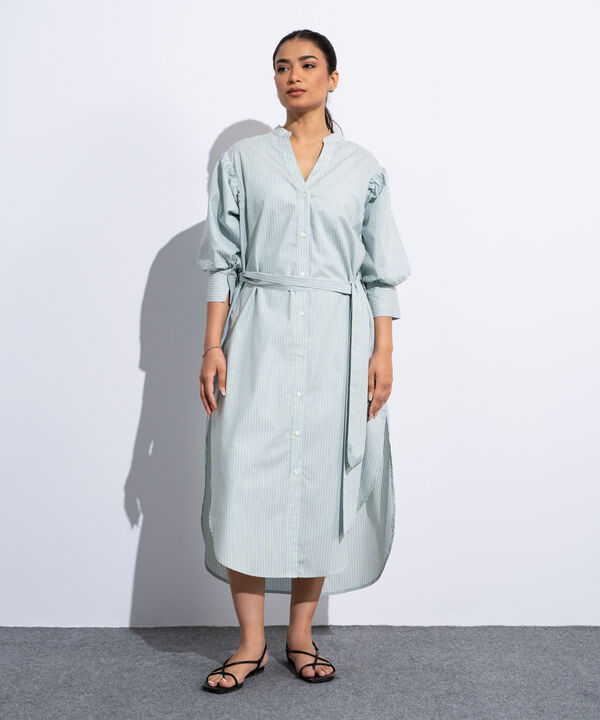 Striped Poplin Dress With Puff Sleeves