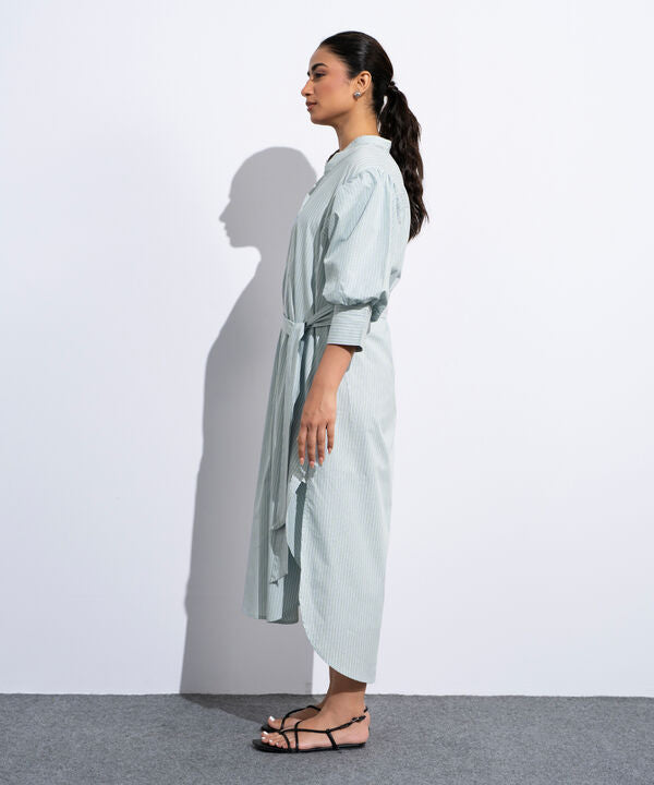 Striped Poplin Dress With Puff Sleeves
