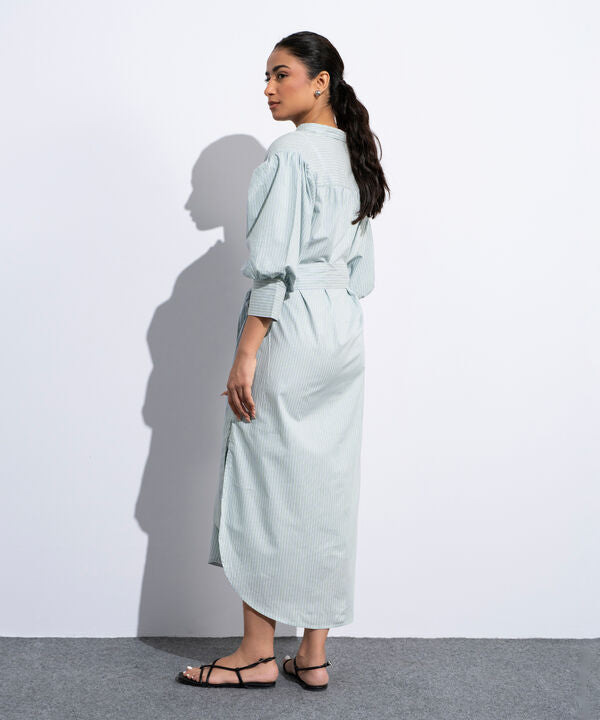 Striped Poplin Dress With Puff Sleeves