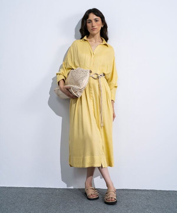 Linen Blend Dress With Crochet Belt