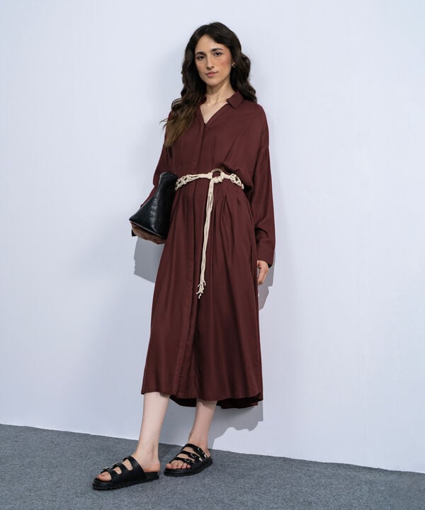 Linen Blend Dress With  Crochet Belt
