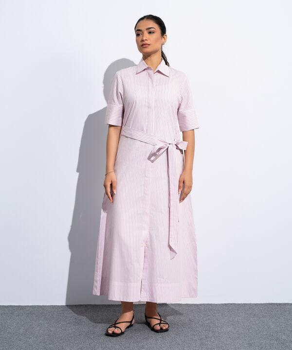 Striped Poplin Dress With Belt