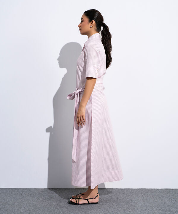 Striped Poplin Dress With Belt