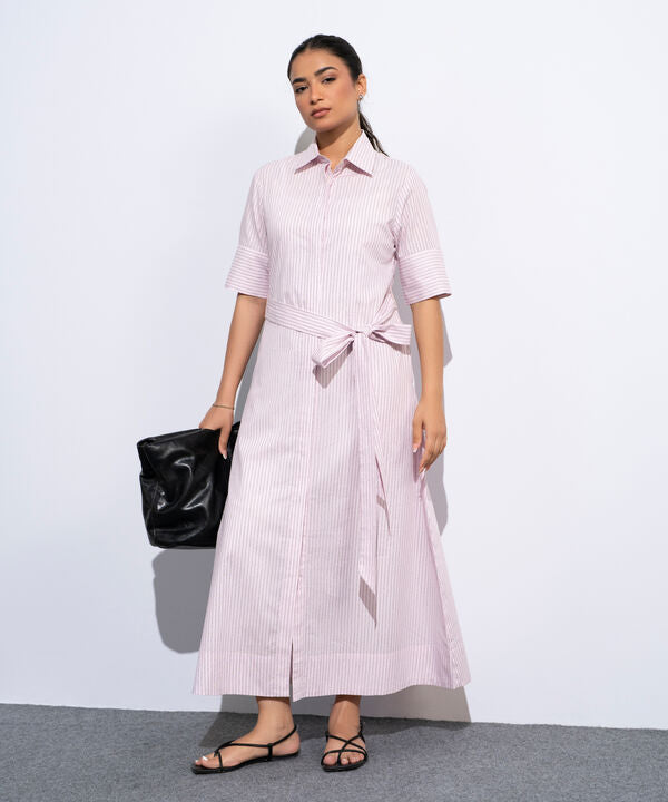 Striped Poplin Dress With Belt