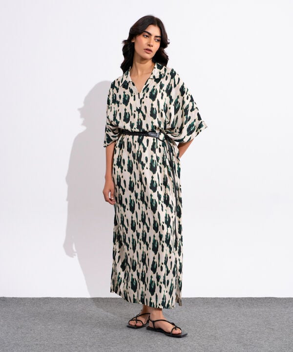 Printed Kimono Dress With Leather Belt