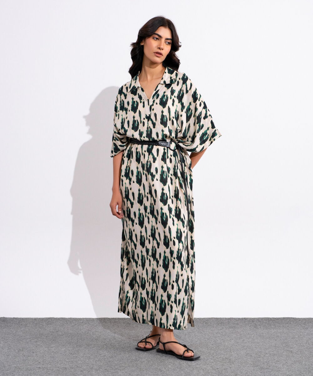 Printed Kimono Dress With Leather Belt WTOPV0826007