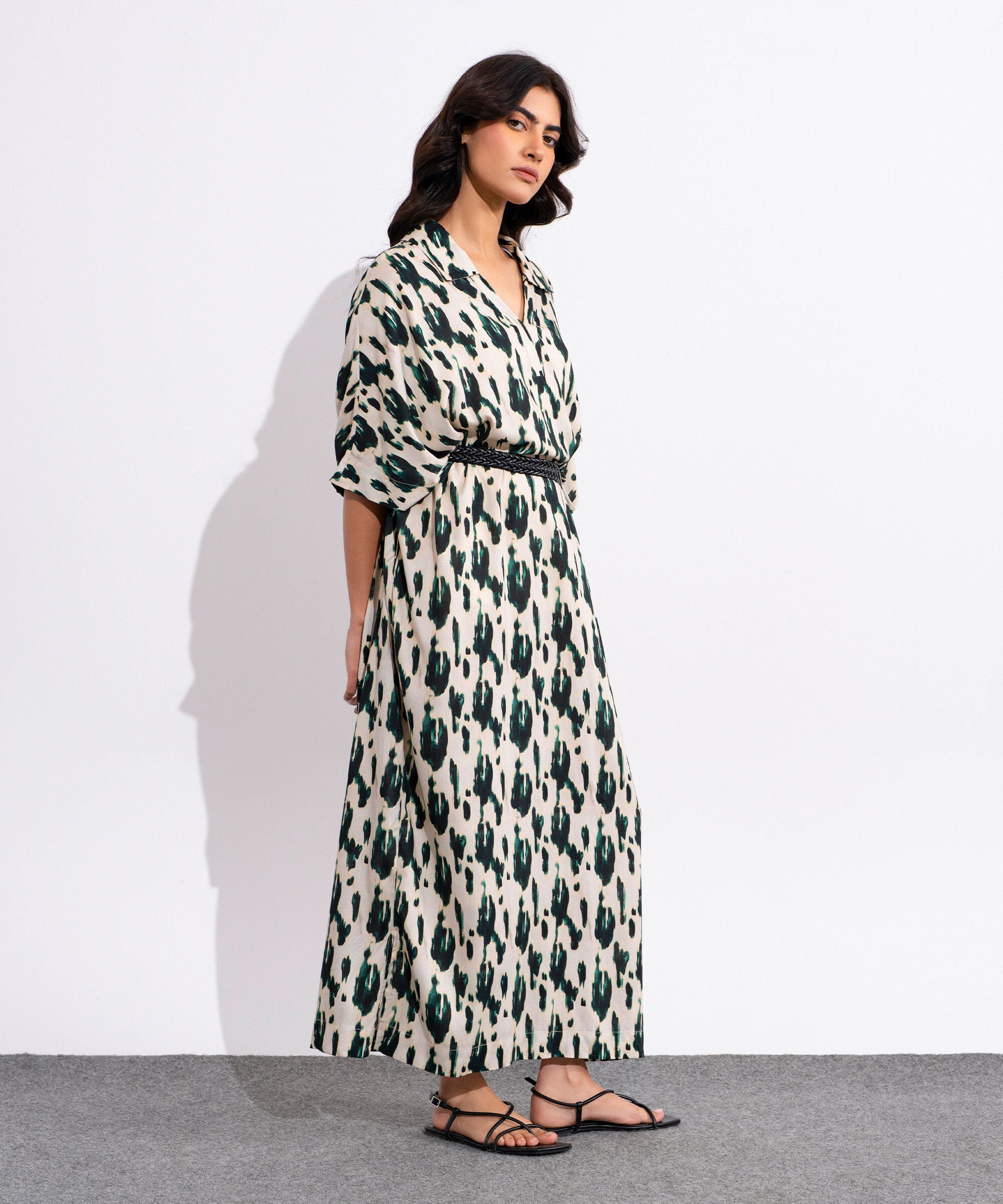 Printed Kimono Dress With Leather Belt WTOPV0826007