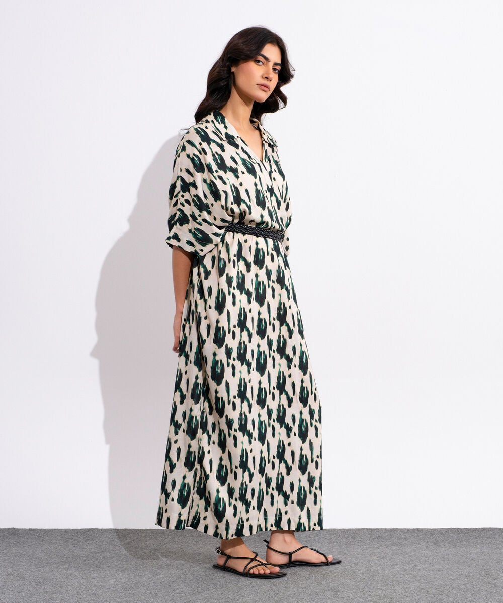 Printed Kimono Dress With Leather Belt WTOPV0826007