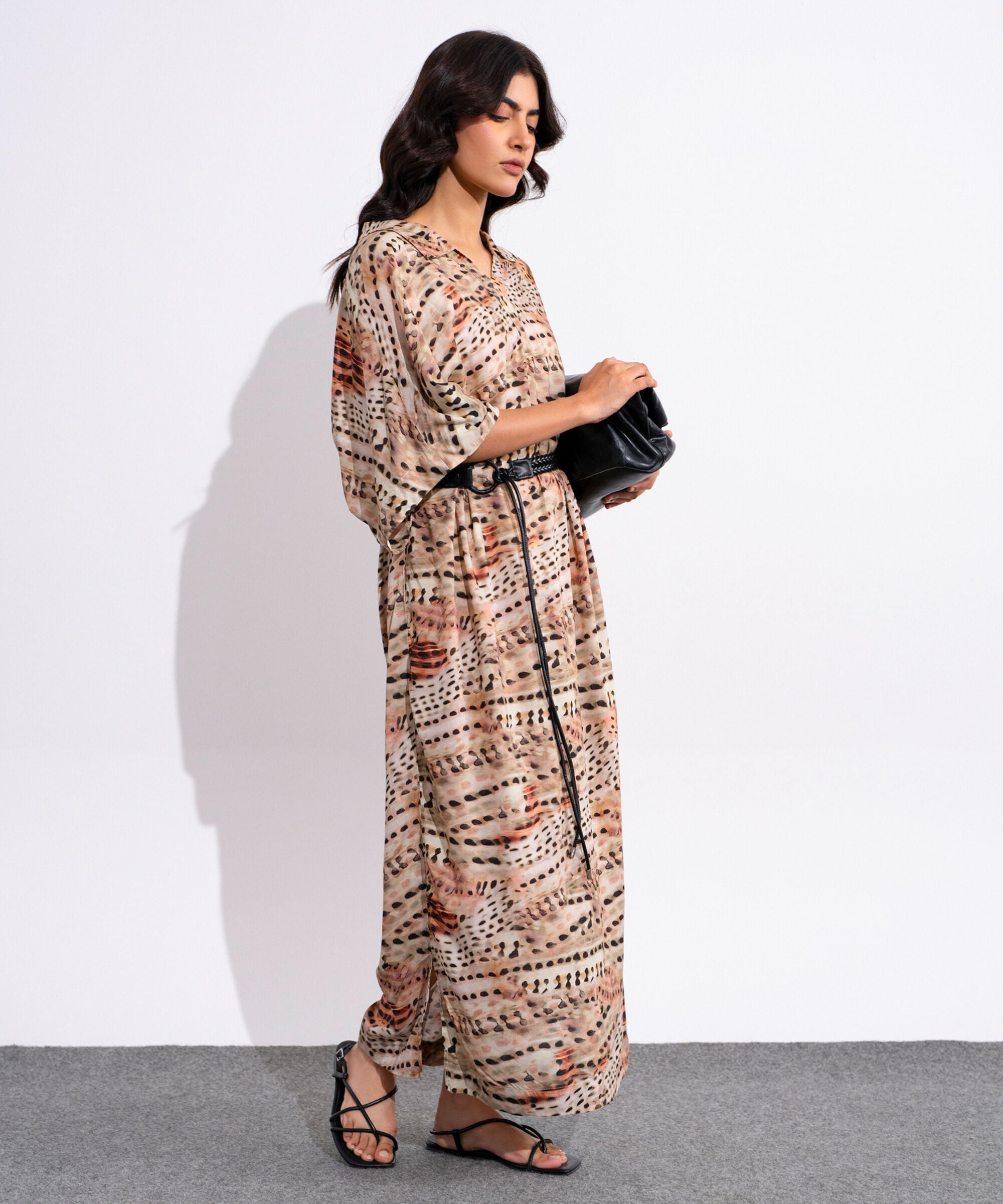 Printed Kimono Dress With Leather Belt WTOPV0826008