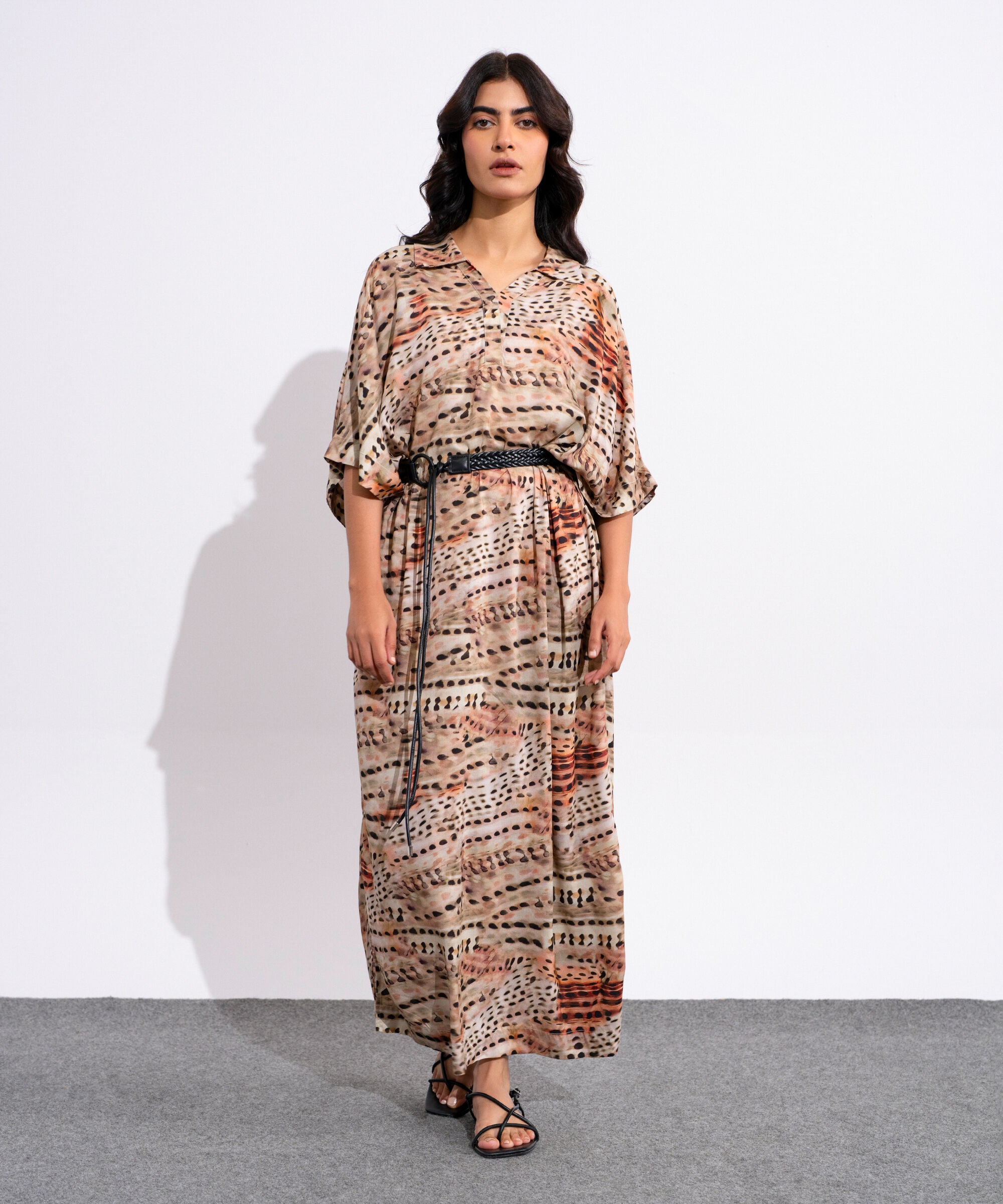 Printed Kimono Dress With Leather Belt WTOPV0826008