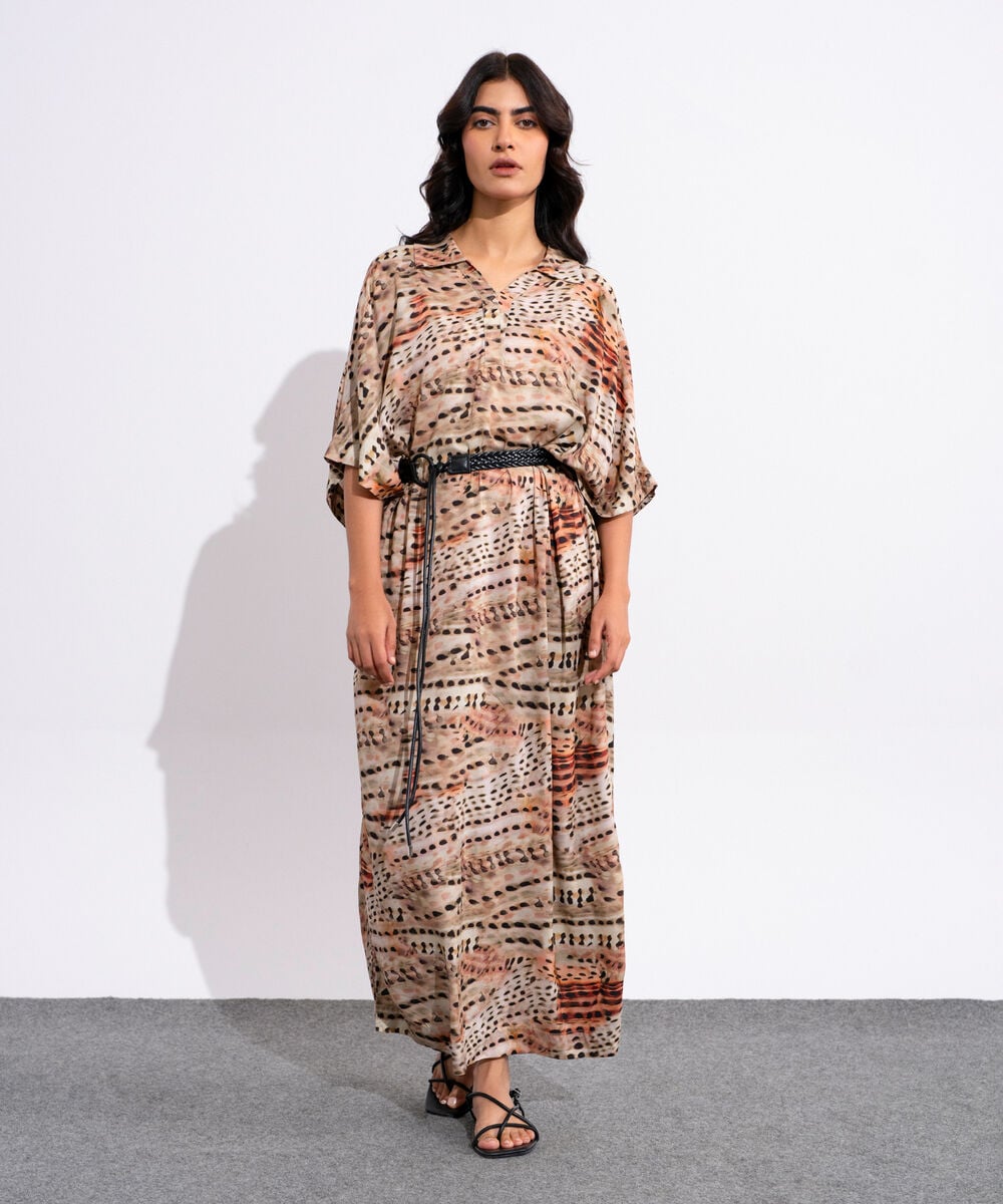 Printed Kimono Dress With Leather Belt WTOPV0826008