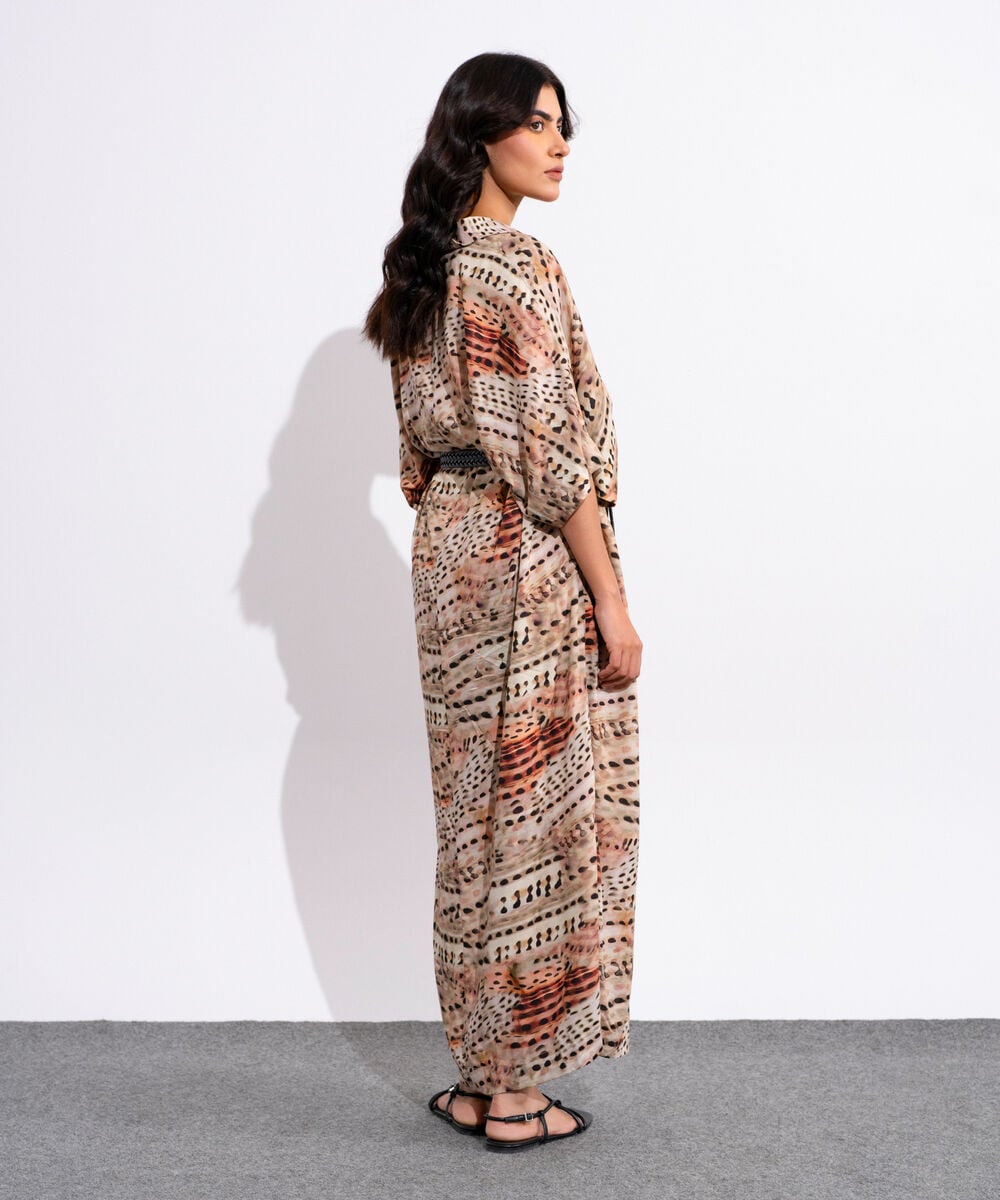 Printed Kimono Dress With Leather Belt WTOPV0826008