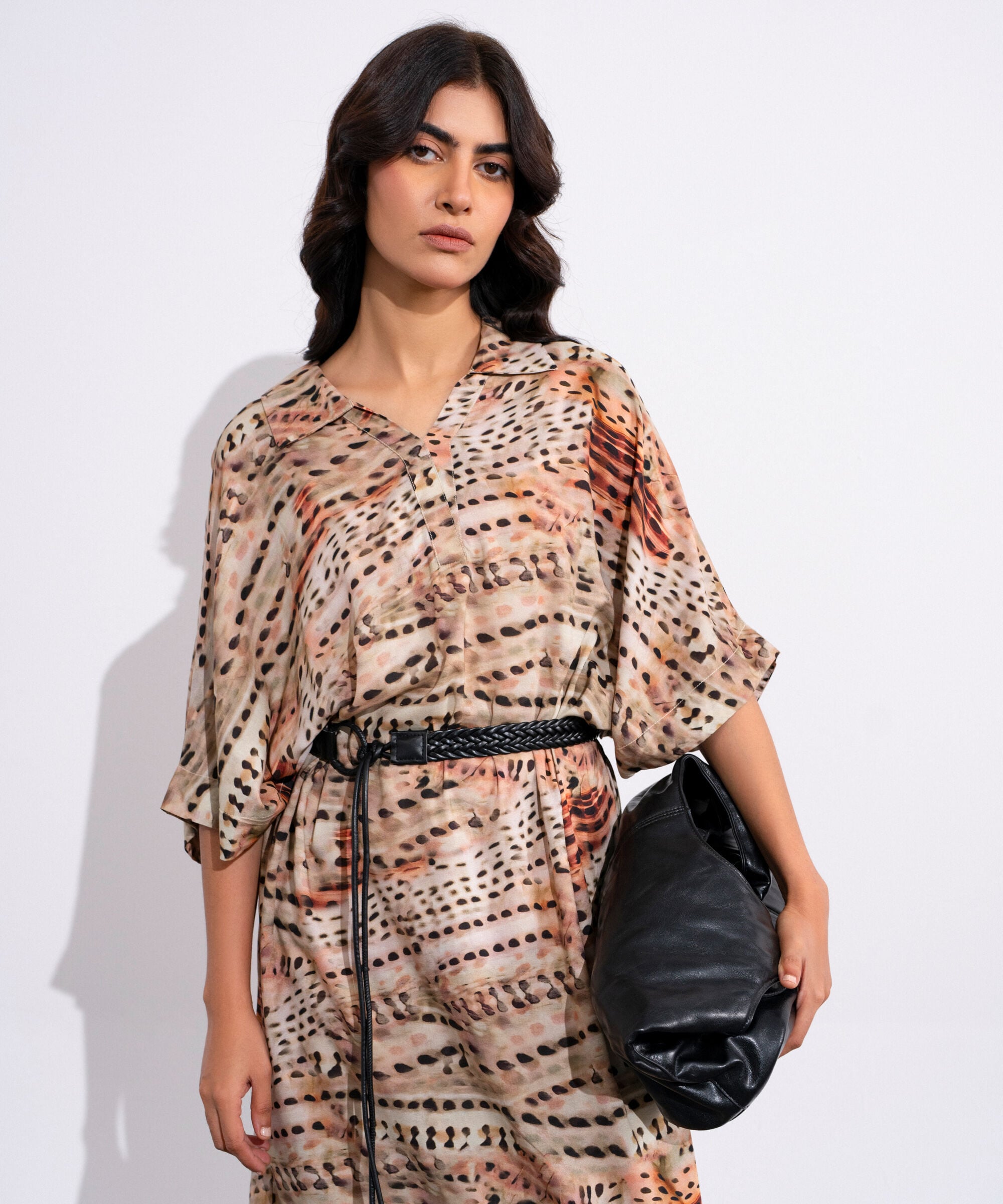Printed Kimono Dress With Leather Belt WTOPV0826008